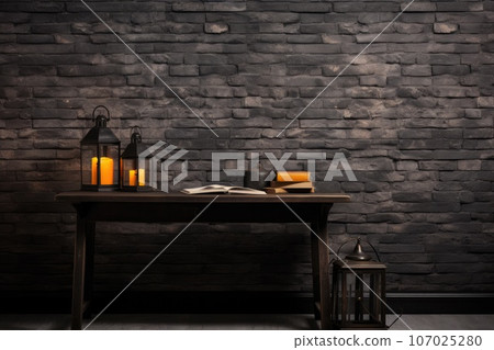 Wood table against black brick wall backdrop wallpaper. AI-generated content. 107025280
