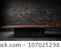 Wooden table, dark walls, brick and stone wall. AI-generated content. 107025298