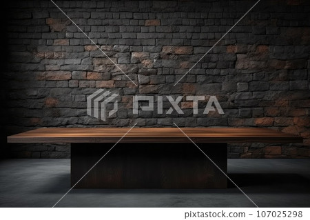 Wooden table, dark walls, brick and stone wall. AI-generated content. 107025298