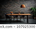 Wooden table, dark walls, brick and stone wall. AI-generated content. 107025300