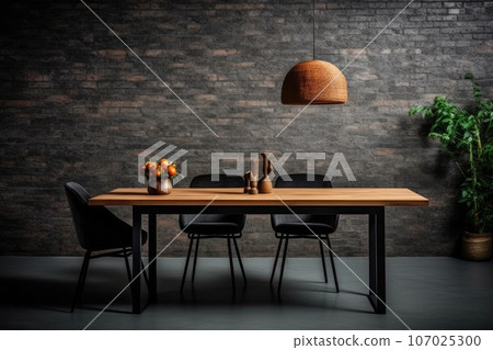 Wooden table, dark walls, brick and stone wall. AI-generated content. Wooden table, dark walls, brick and stone wall. AI-generated content. 107025300