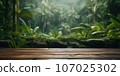 Wooden table in the background in the jungle, There is space to place products. AI-generated content. 107025302