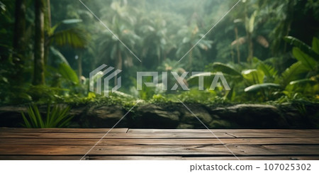 Wooden table in the background in the jungle, There is space to place products. AI-generated content. 107025302