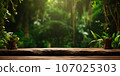 Wooden table in the background in the jungle, There is space to place products. AI-generated content. 107025303