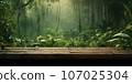 Wooden table in the background in the jungle, There is space to place products. AI-generated content. 107025304