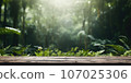 Wooden tabletop in the forest, background nature, There is space to place products. AI-generated content. 107025306