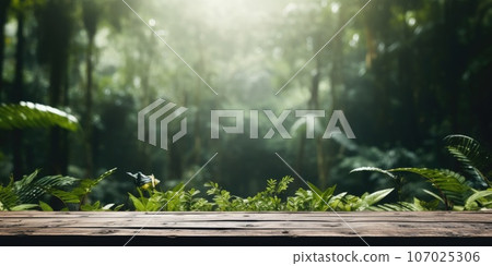 Wooden tabletop in the forest, background nature, There is space to place products. AI-generated content. 107025306