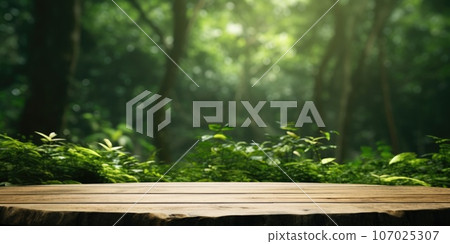 Wooden tabletop in the forest, background nature, There is space to place products. AI-generated content. 107025307