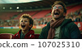 Young boy and his dad laugh at the football game. AI-generated content. 107025310