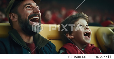 Young boy and his dad laugh at the football game. AI-generated content. 107025311