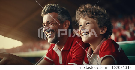 Young boy and his dad laugh at the football game. AI-generated content. 107025312