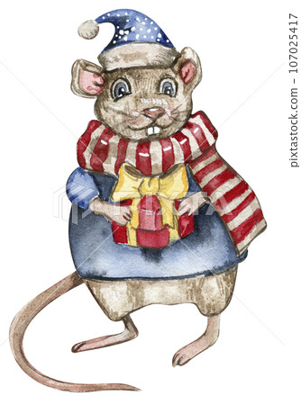 Watercolor Christmas mice in cartoon style. Watercolor Christmas hand drawn illustration for cards, backgrounds, scrapbooking and your design. Perfect for wedding invitation. Watercolor Christmas mice in cartoon style. Watercolor Christmas hand drawn illustration for cards, backgrounds, scrapbooking and your design. Perfect for wedding invitation. 107025417