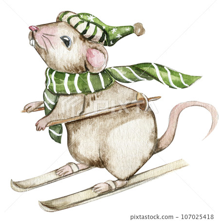 Watercolor Christmas mice in cartoon style. Watercolor Christmas hand drawn illustration for cards, backgrounds, scrapbooking and your design. Perfect for wedding invitation. Watercolor Christmas mice in cartoon style. Watercolor Christmas hand drawn illustration for cards, backgrounds, scrapbooking and your design. Perfect for wedding invitation. 107025418