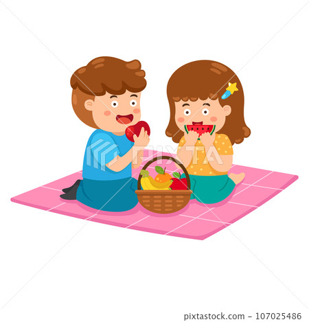 illustration cartoon kid boy and girl picnic on the park illustration cartoon kid boy and girl picnic on the park 107025486