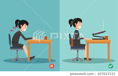 Ergonomics - Women correct and incorrect sitting posture when using a computer 107025515