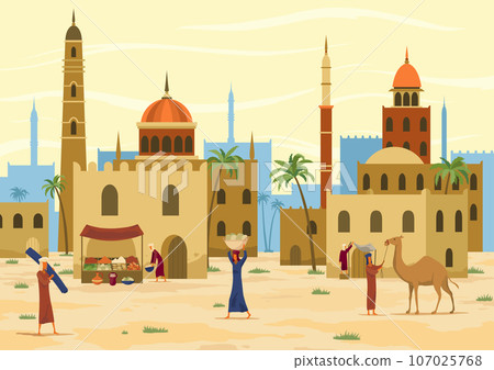 Middle east. Arabic desert landscape with traditional mud brick houses and people. Ancient building on background. Bedouin with camel, man with jug on head. Flat vector illustration Middle east. Arabic desert landscape with traditional mud brick houses and people. Ancient building on background. Bedouin with camel, man with jug on head. Flat vector illustration 107025768