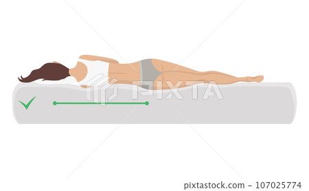 Correct sleeping body posture. Healthy sleeping position spine on orthopedic mattress and pillow. Caring for health of back, neck. Vector illustration Correct sleeping body posture. Healthy sleeping position spine on orthopedic mattress and pillow. Caring for health of back, neck. Vector illustration 107025774