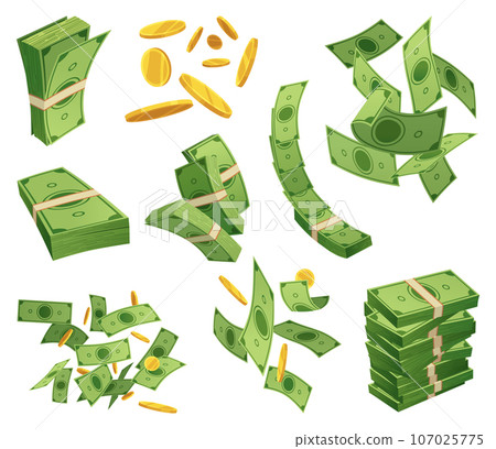 Cartoon money and coins icon set. Paper cash, bills fly. Keeping money in bank. Green banknotes wealth, accumulation and inheritance. Flat vector money illustration. Objects isolated on white Cartoon money and coins icon set. Paper cash, bills fly. Keeping money in bank. Green banknotes wealth, accumulation and inheritance. Flat vector money illustration. Objects isolated on white 107025775