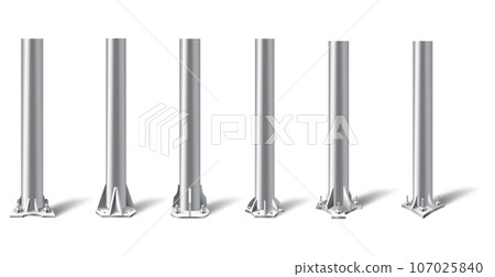 Metal pole pillars set. Steel pipes bolted on different base. Steel vertical cylinder footings for road sign, banner, billboard, isolated on white background. Vector illustration 107025840