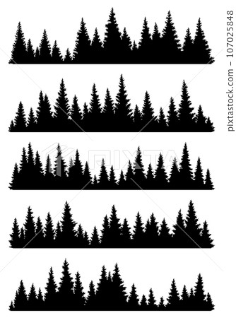 Set of fir trees silhouettes. Coniferous spruce horizontal background patterns, black evergreen woods vector illustration. Beautiful hand drawn panoramas of coniferous forest Set of fir trees silhouettes. Coniferous spruce horizontal background patterns, black evergreen woods vector illustration. Beautiful hand drawn panoramas of coniferous forest 107025848