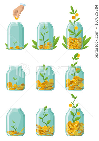 Investing bottle money, icon set. Money growing concept, finance savings tree, finances investment. Money growing plant step with deposit coin in bank concept 107025884