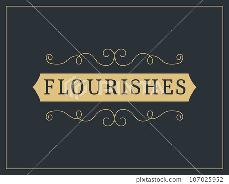 Flourishes calligraphic vintage ornamental background. Vector luxury invitation, restaurant menu or royalty certificate. Golden ornate page with swirls and vignettes elements Flourishes calligraphic vintage ornamental background. Vector luxury invitation, restaurant menu or royalty certificate. Golden ornate page with swirls and vignettes elements 107025952