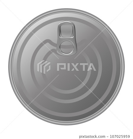 Metallic tin can for food. Top view. Vector realistic mockup of blank cylinder, aluminum container, round steel pack isolated on white background 107025959