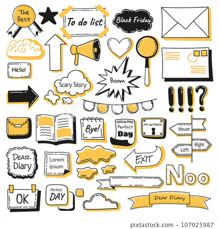 Journal doodle icons set. Hand drawn banners and elements for notebook, diary and planner. Doodle scribble style. Vector illustration 107025987