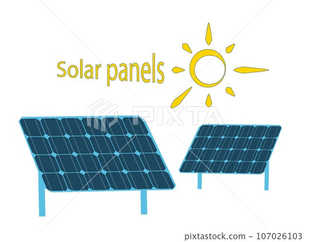 Solar PV panel power plant station. Renewable sustainable photovoltaic solar park energy generation in circle with sun and urban city skyline. Isolated vector illustration on white background. 107026103