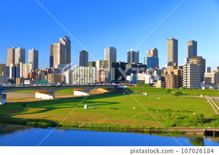 [Kanagawa Prefecture] Musashikosugi high-rise apartment and Maruko Bridge on a clear day 107026184