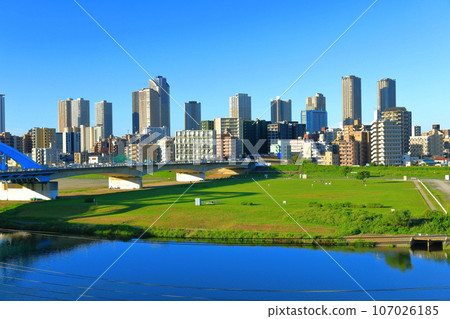 [Kanagawa Prefecture] Musashikosugi high-rise apartment and Maruko Bridge on a clear day 107026185