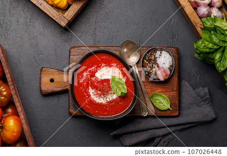 Refreshing homemade cold tomato gazpacho soup 107026448