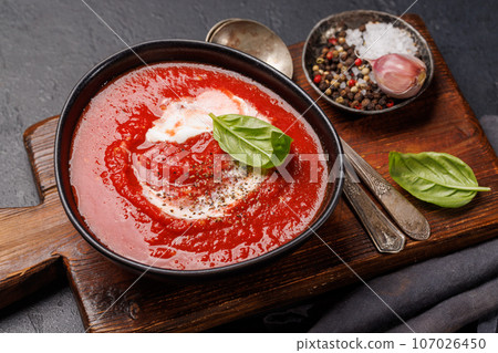 Refreshing homemade tomato gazpacho soup 107026450
