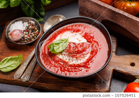 Refreshing homemade tomato gazpacho soup 107026451