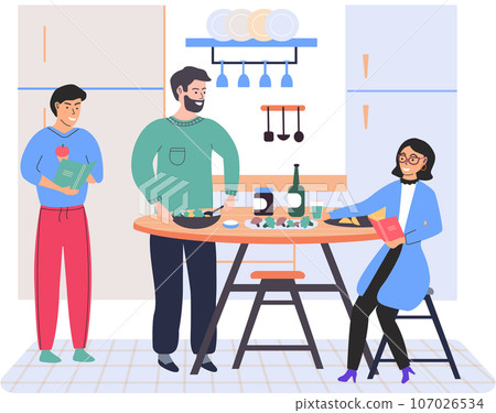 People cooking vegetarian food. Vector illustration. Smiling people cooking on home interior kitchen table. Characters cooking fresh salad and other healthy meals from fresh vegetables People cooking vegetarian food. Vector illustration. Smiling people cooking on home interior kitchen table. Characters cooking fresh salad and other healthy meals from fresh vegetables 107026534