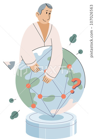Scientist conducts research to study state of planet Earth. Man makes experiments to determine level of climate change, using lab equipment, identify environmental problems. Scientific tests 107026563