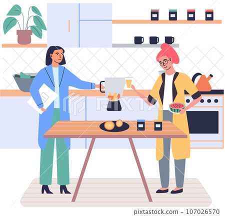 People cooking vegetarian food. Vector illustration. Healthy organic vegan food. Cute girl cooking homemade meals in kitchen. Cooking dietary dishes. Woman cooking juce. Cook healthy food at home 107026570