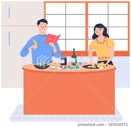 People cooking vegetarian food. Vector illustration. Fresh vegetables, organic food, natural products. Smiling man cooking homemade meals in small cozy kitchen. Father preparing dinner on big stove 107026571