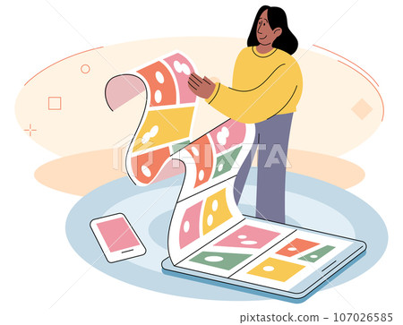 Modern communication concept. Woman chatting, messaging using chat app or social network on mobile phone or tablet. Two persons cellphone conversation sending messages or photos with smartphone 107026585