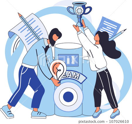 Team solving complex problems. Teamwork vector illustration metaphor. Finding new ideas problem solving Coworkers assembling ideas, team work, people solving problem, business development Time 107026610