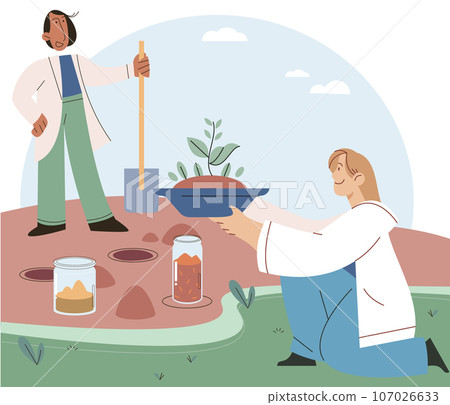 Scientists conducts research to study nature and living organisms. Idea of education, botany, microbiology. Biologists study structure of plants, conduct experiments with water. Biological research 107026633