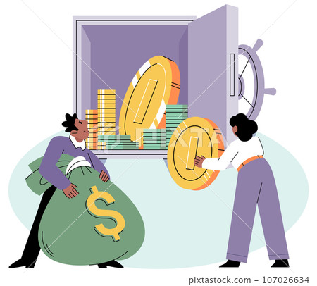 Putting money in safe. Happy people putting coin into strongbox. Family budget home savings and investment money. Safe economical fund deposit strategy. Bank account, accumulation of funds, wealth 107026634