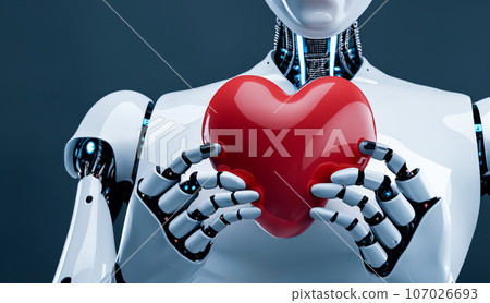 A robot with a heart in front of its chest. Generated AI images such as robot mind, robot emotions, AI control, etc. 107026693