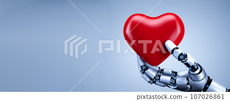 Close-up of a robot's hand holding a heart. Robot mind, AI control, generated AI images 107026861
