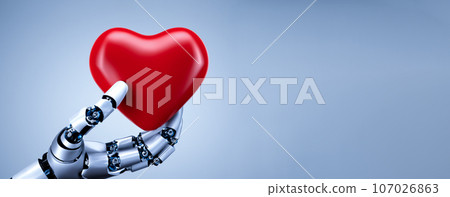 Close-up of a robot's hand holding a heart. Robot mind, AI control, generated AI images 107026863