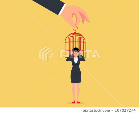 Limited freedom of thought. depressed business woman with birdcage lock his head. Limited freedom of thought. depressed business woman with birdcage lock his head. 107027274