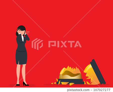 Failing in solving problems. Business woman looking at broken hourglass, time management Failing in solving problems. Business woman looking at broken hourglass, time management 107027277