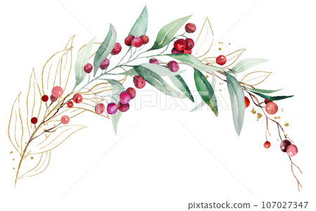 Christmas bouquet with watercolor twigs with green leaves and red berries. Holidays Illustration 107027347