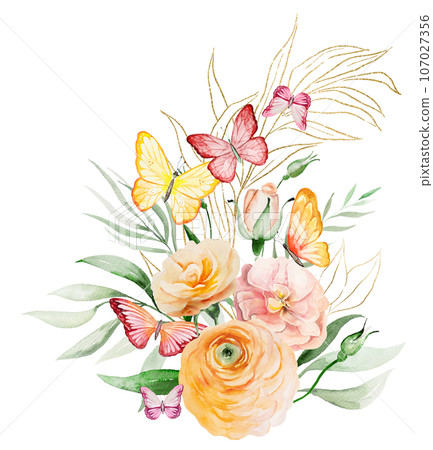 Bouquet with watercolor butterflies on orange and yellow flowers and green leaves, illustration Bouquet with watercolor butterflies on orange and yellow flowers and green leaves, illustration 107027356