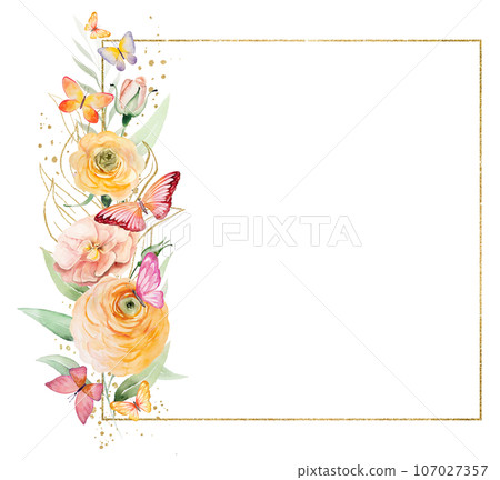 Frame with watercolor butterflies on orange and yellow flowers and green leaves, illustration 107027357
